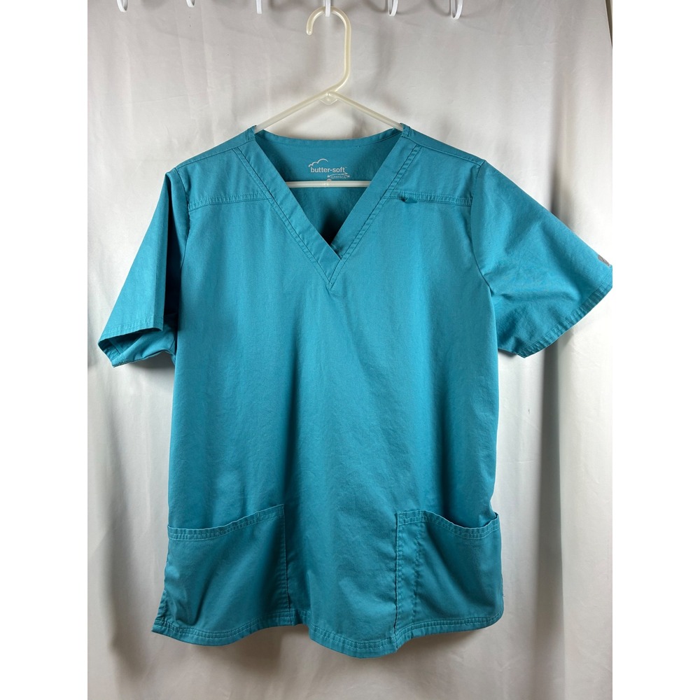 Butter-Soft Stretch Teal V-Neck Scrub Top Womens Large UA Scrubs Short Slv